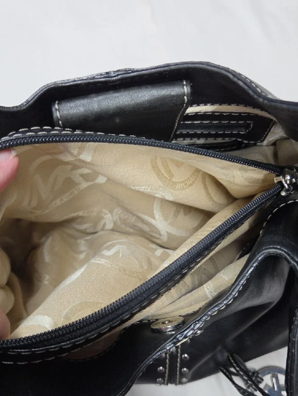 Michael Kors Black Leather Shoulder Bag with MK Charm and Stud Accents
